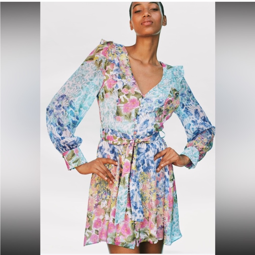 ZARA Floral dress S Blue Floral Summer Cocktail Women